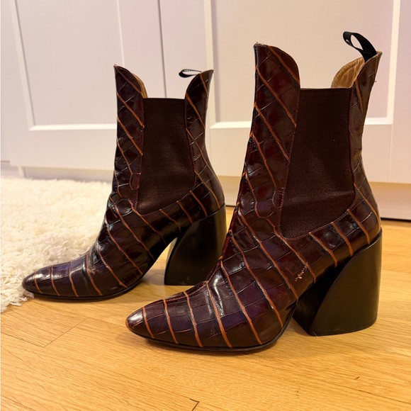 Chloe Dark Brown Crocodile Pattern Ankle Boots - Picture 3 of 4